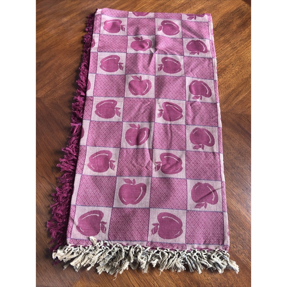 Vtg Hand-Loomed 100% Cotton Tablecloth Red Apple India Primitive Artist 60x60 Sq